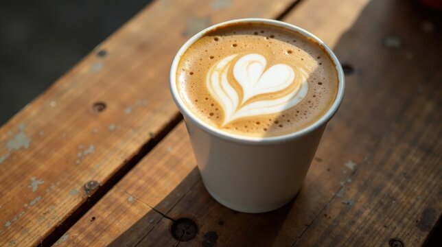 A delightful cup of frothy latte art, heart-shaped design, sits atop a rustic wooden surface, bathed in warm sunlight.