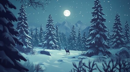 Deer in Snowy Forest Under Full Moon, stars, and mountains in background. Stock use