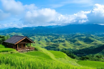 Obraz premium Mountain rice paddy cabin, scenic view, tranquility