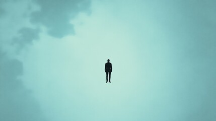 Solitary figure floats in a pale teal sky, clouds faintly visible.