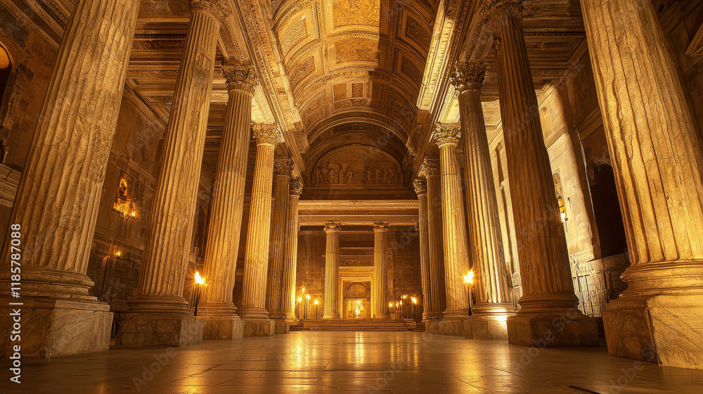Poster grand ancient hall with towering marble columns illuminated by soft light