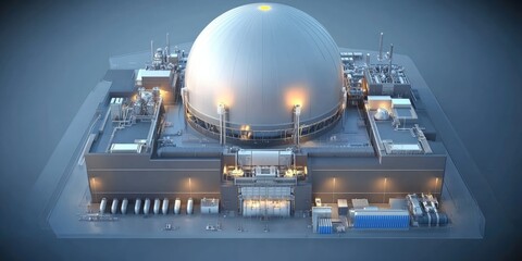 Aerial view of a modern nuclear power plant with a large dome structure.