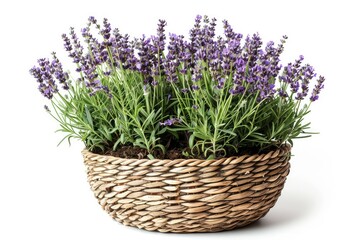 A Photo of a Woven Gardening Basket with Flourishing Lavender Plants Isolated on a White Background