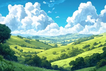Obraz premium Rolling Green Hills Under a Summer Sky