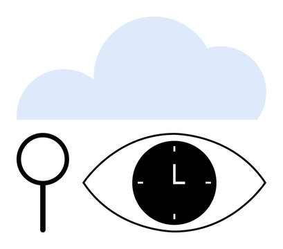 Cloud above an eye-shaped clock and magnifying glass symbolizes time, vision, focus, analytics, search, online storage, and digital insights. Ideal for technology, productivity and abstract line - Powered by Adobe
