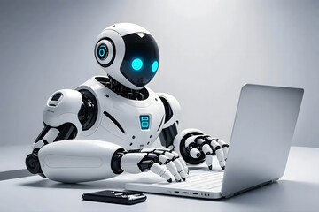 Fototapeta premium Artificial intelligence robot using laptop neon light futuristic technology 3d illustration banner, GPT chatbot icon. Artificial intelligence, trendy technology, support service,