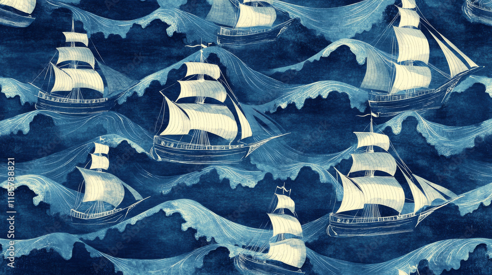 Poster seamless pattern of a blue ships sailing on ocean waves for nautical background design