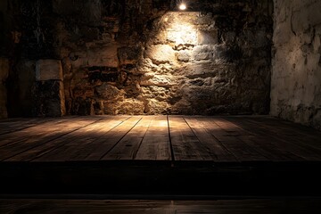 Dark cellar, wooden platform, stone wall, spotlight, product display