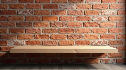 Rustic Wooden Shelf Against a Weathered Brick Wall Background, Ideal for Product Display or...