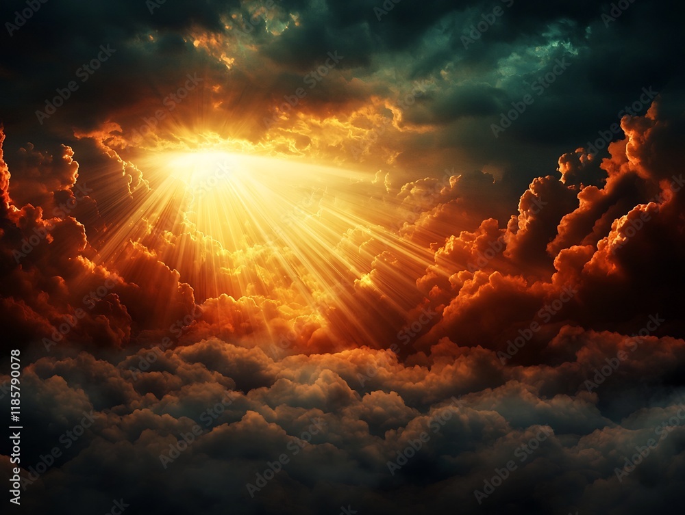 Poster shimmering beams of golden sunlight streaming through parted clouds enveloping the environment in a 