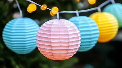 Fototapeta premium Pastel Paper Lanterns Hanging Outdoors At Night