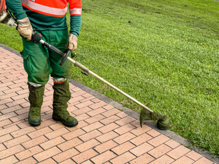 Gardener using trimmer to maintain lawn edge near brick pathway