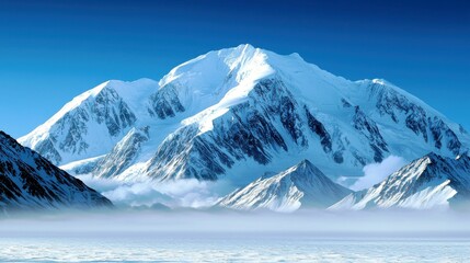 Obraz premium Majestic Snow-Capped Mountain Peaks Above Foggy Valley in Clear Blue Sky During Daylight in Stunning Natural Landscape