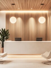 Modern minimalist reception area with wooden wall