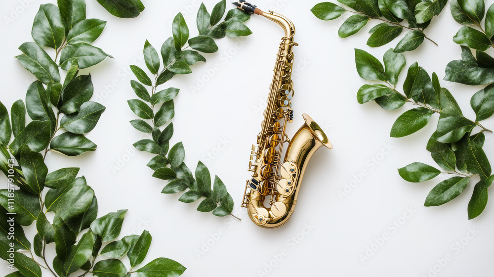Poster saxophone symbol in laurel wreath isolated on white. jpeg version also available in gallery