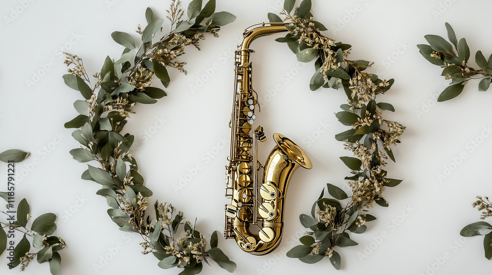 Poster saxophone symbol in laurel wreath isolated on white. jpeg version also available in gallery