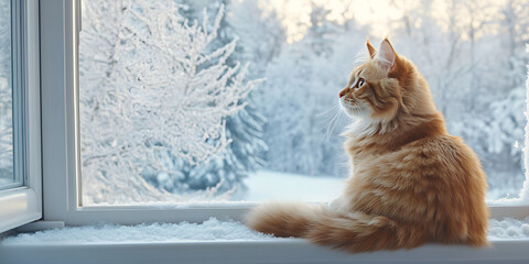 Cat Comfortably Watching The Outdoor World Through A Cozy Window Spot. 
