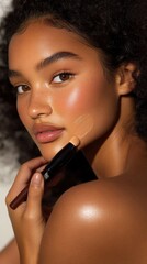 Close-Up  young Afro-Latina woman Applying Liquid Foundation with Makeup Brush