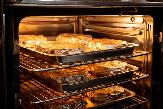 Deliciously wrapped meals slowly cooking in an oven with warm golden light. Generative AI