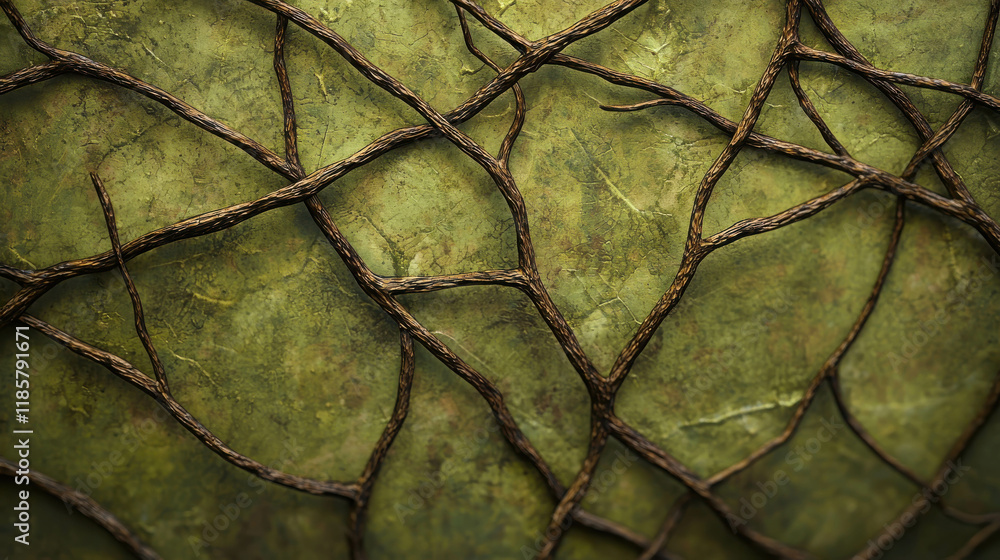 Poster intricate macro composition of tangled vines intertwining on grungy green background