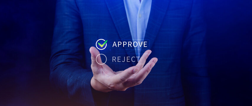 Approve or reject guarantee concept, Approved, accept, pass inspection, tick correct mark to approve document and project, Management, examine, business, survey, tick, certification.