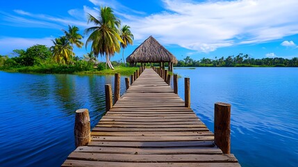 Obraz premium A scenic wooden pier extends over tranquil waters, bordered by palm trees, under a bright blue sky with fluffy clouds.