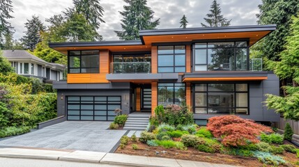 Fototapeta premium 3d rendering of modern two story house with gray and wood accents, large windows, parking space in the right side of the building in night isolated on black