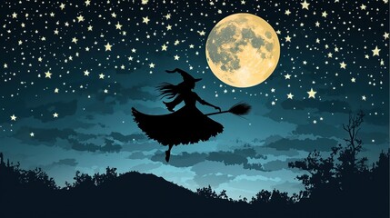 Naklejka premium Silhouette of witch flying on broomstick under full moon and starry night sky.