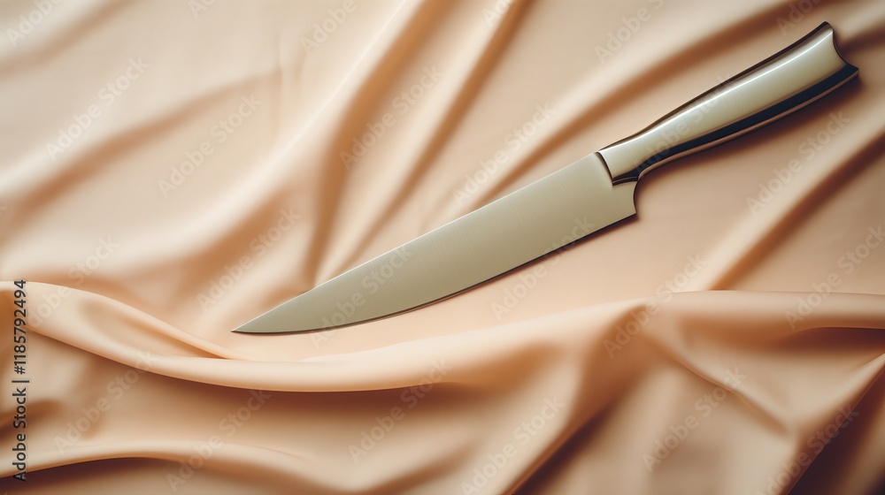 Aufkleber sharp knife resting on soft satin fabric creating a striking contrast. generative ai
