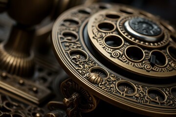 Golden antique rotary phone dial with intricate carvings and numbered holes, evoking nostalgia for vintage communication