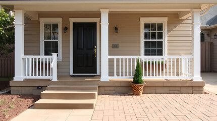 Tan house exterior with a covered porch featuring white columns, railing, and steps.  The house has two windows and a black front door. A small tree is planted in a pot on the porch.