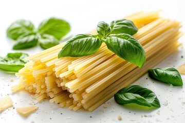 Spaghetti and basil isolated on white background. ,.    Generative AI