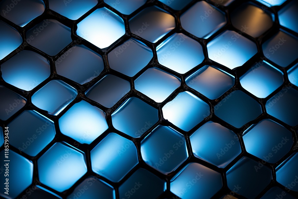 Poster unique hexagonal patterns glimmering in shades of blue and black at night. generative ai