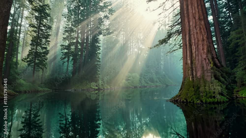 Aufkleber tranquil redwood lake video, mist weaves between trees, creating depth and atmosphere in both reflec