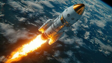 Fototapeta premium Majestic Rocket Launch: A breathtaking view of a spaceship ascending into the cosmos, leaving a fiery trail against the backdrop of Earth's stunning atmosphere.