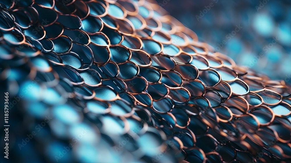 Poster intricate patterns of metallic mesh glimmering in soft light. generative ai