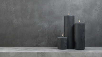 Minimalist Arrangement of Three Pillar Candles on a Gray Concrete Surface