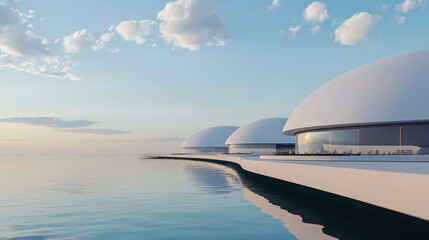 Minimalist Futuristic Floating City Concept with Curved Architecture and Water Reflections