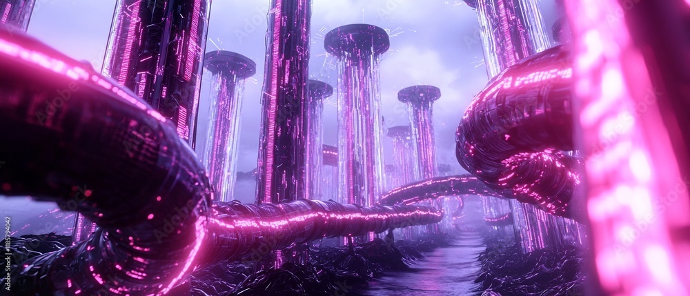 Poster luminous pulsating data streams coalescing into a visionary sleek and futuristic urban landscape