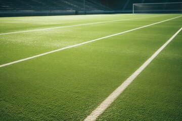 White lines on artificial grass soccer field showing stadium and goal post