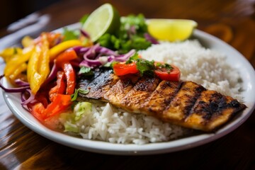 Grilled fish fillet served on a bed of rice with a colorful mix of grilled bell peppers, onions, tomatoes, lime, coriander, creating a healthy and flavorful meal