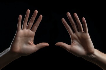 Open hands with palms facing forward, signaling stop or surrender against a dark backdrop