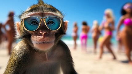 Monkey wearing sunglasses is standing on a beach. There are several people in the background, some of whom are wearing bikinis. The scene is lively and fun