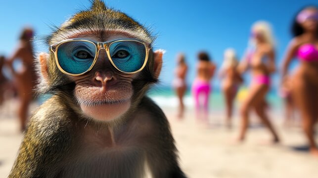 Monkey wearing sunglasses is standing on a beach. There are several people in the background, some of whom are wearing bikinis. The scene is lively and fun