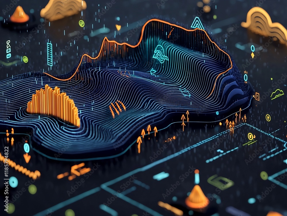 Poster detailed fluid topographic rainfall map with vivid atmospheric data visualizations complex isobar co