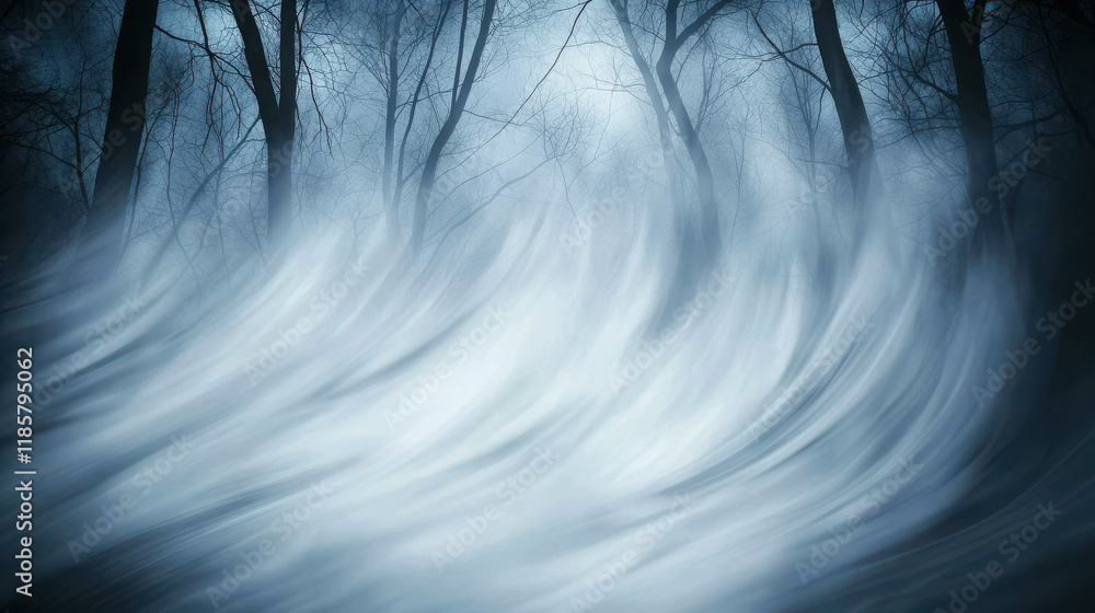 Poster mysterious fog rolling through a dark forest at twilight