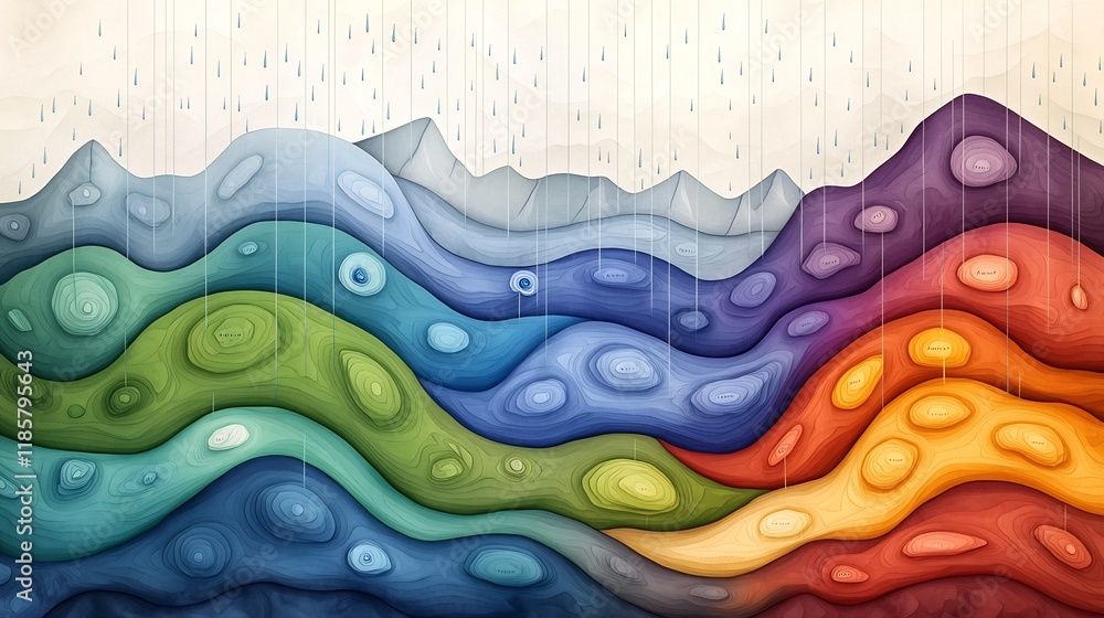Poster striking topographic map highlighting the fluid dynamics of rainfall patterns with colorful contour 