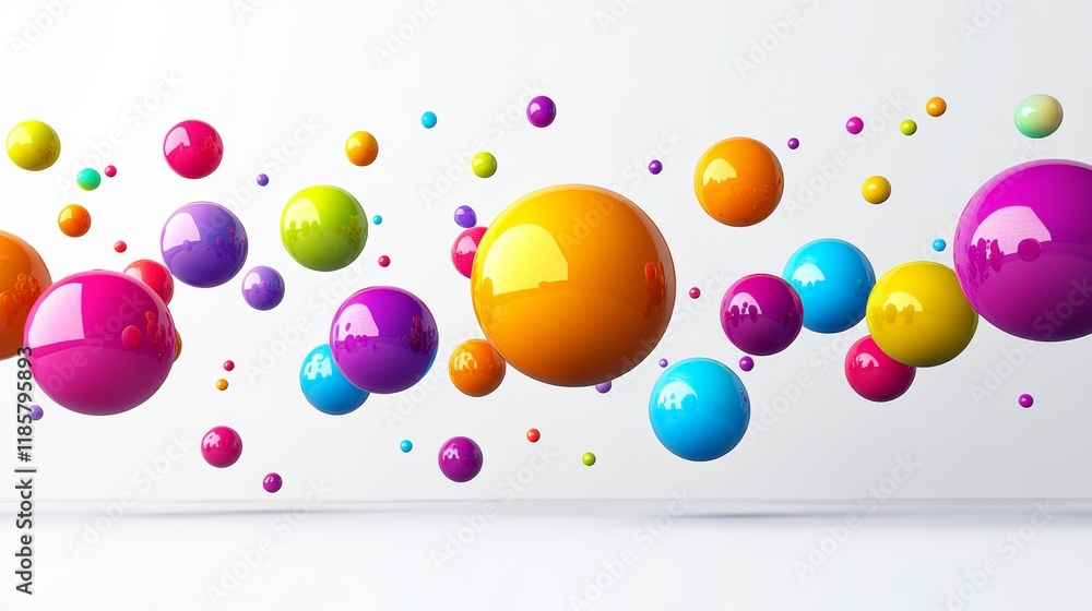 Poster colorful array of spheres in the air. the spheres are of different colors and sizes, and they appear