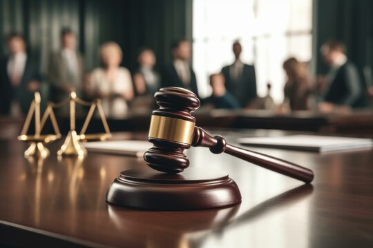 Wooden gavel and sound block symbolize justice and legal proceedings in courtroom, with scales and jury blurred in background