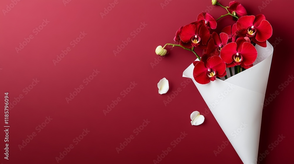 Poster bouquet of red flowers is placed in a white paper cone on a red background. the flowers are arranged